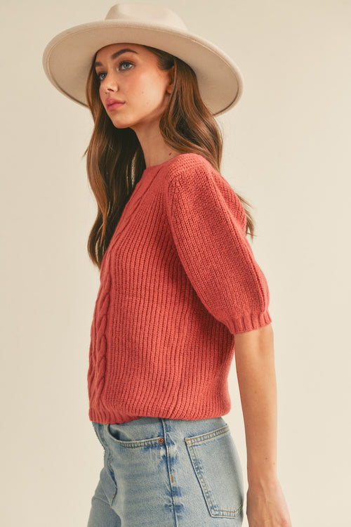 ALLISON - Cable Knit Short Puff Sleeve Sweater
