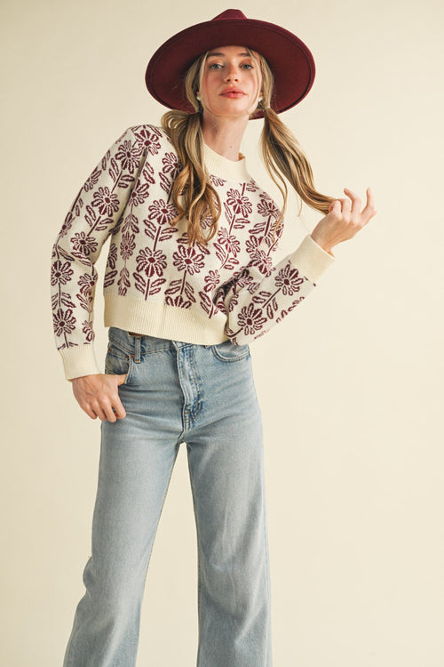 MADISON - Mauve/Wine Floral Pattern Knit Sweater
