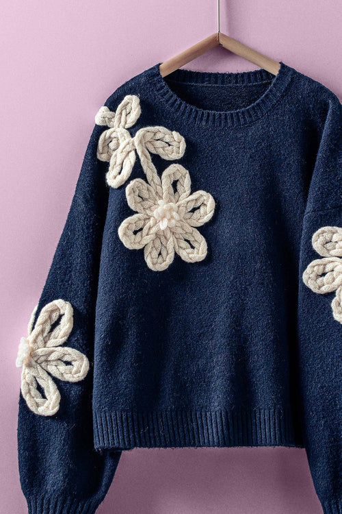 TRISH - Navy Crochet Floral Sweater