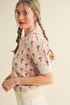 EVE - Cream Rose Floral Pattern Short Sleeve Sweater