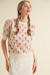 EVE - Cream Rose Floral Pattern Short Sleeve Sweater