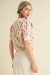 EVE - Cream Rose Floral Pattern Short Sleeve Sweater
