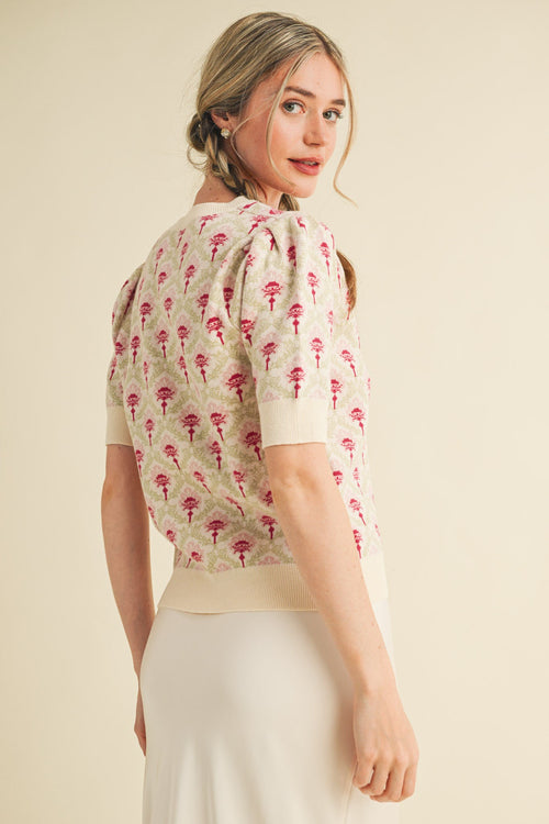 EVE - Cream Rose Floral Pattern Short Sleeve Sweater