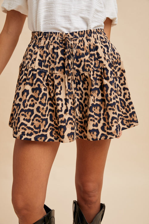 LEO - Leopard Print Pintuck Detail Flare Mini Skirt/Skort