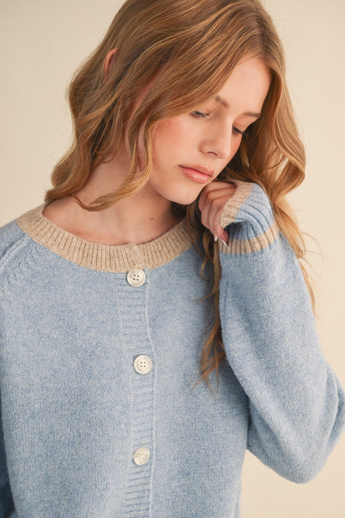 KIMBER - Two Tone Baby Blue Cardigan Sweater