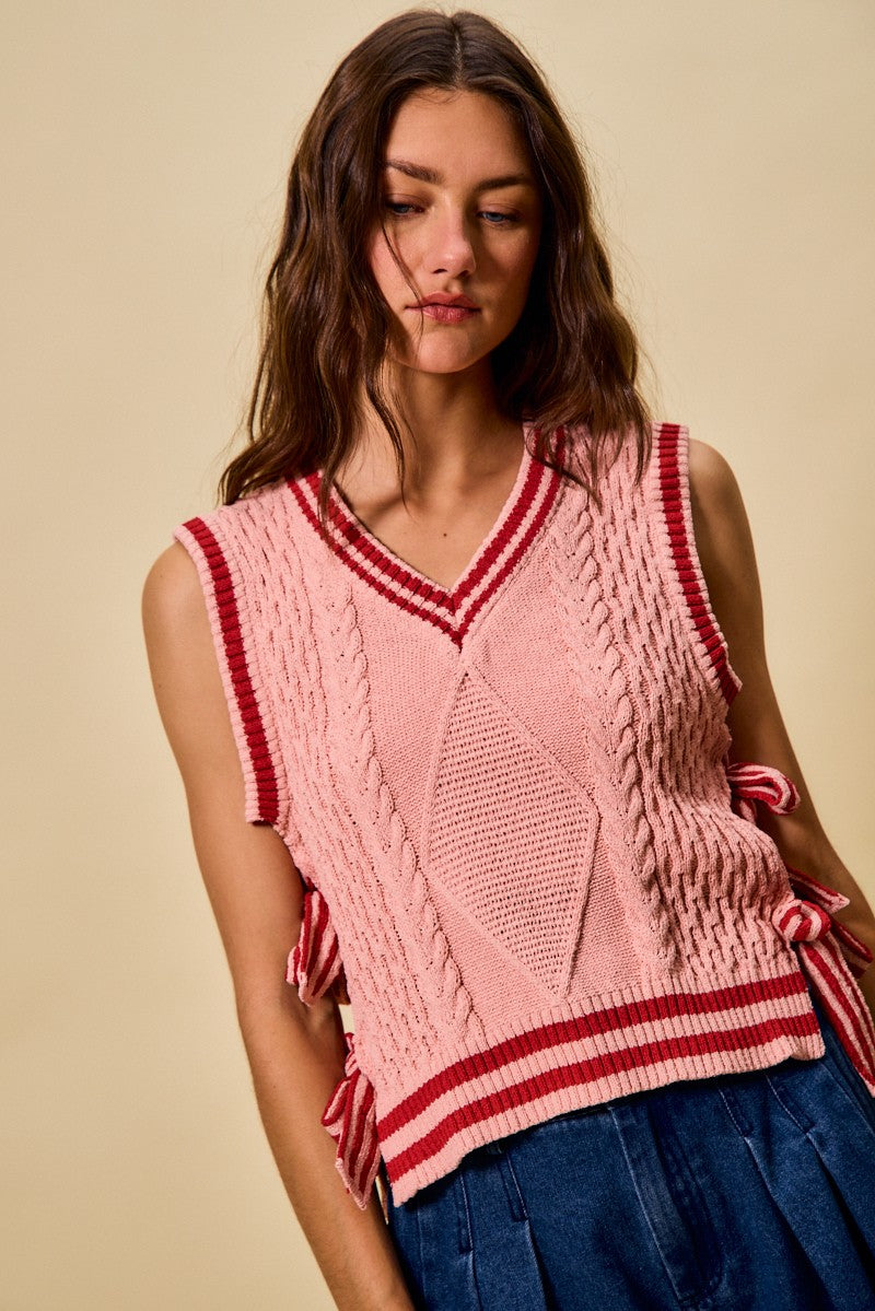 AYLYN - Cable Knit V Neck Sweater Vest Top w/Ribbon Ties – Red