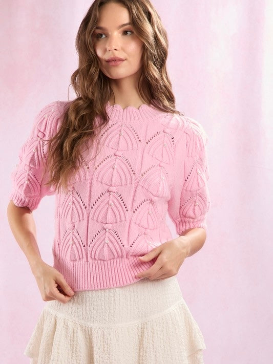 PEARL Embellished Scallop Cable Knit Sweater