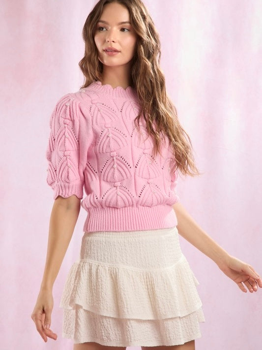 PEARL Embellished Scallop Cable Knit Sweater