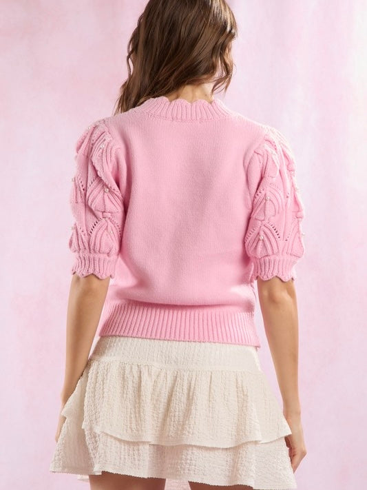 PEARL Embellished Scallop Cable Knit Sweater