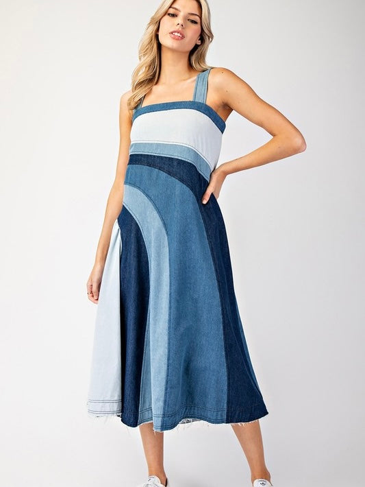 CASSI Colorblock Denim Midi Dress