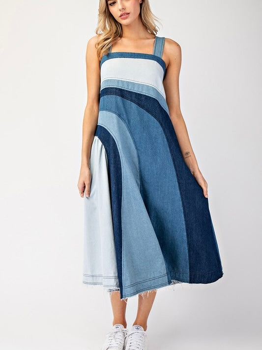 CASSI Colorblock Denim Midi Dress